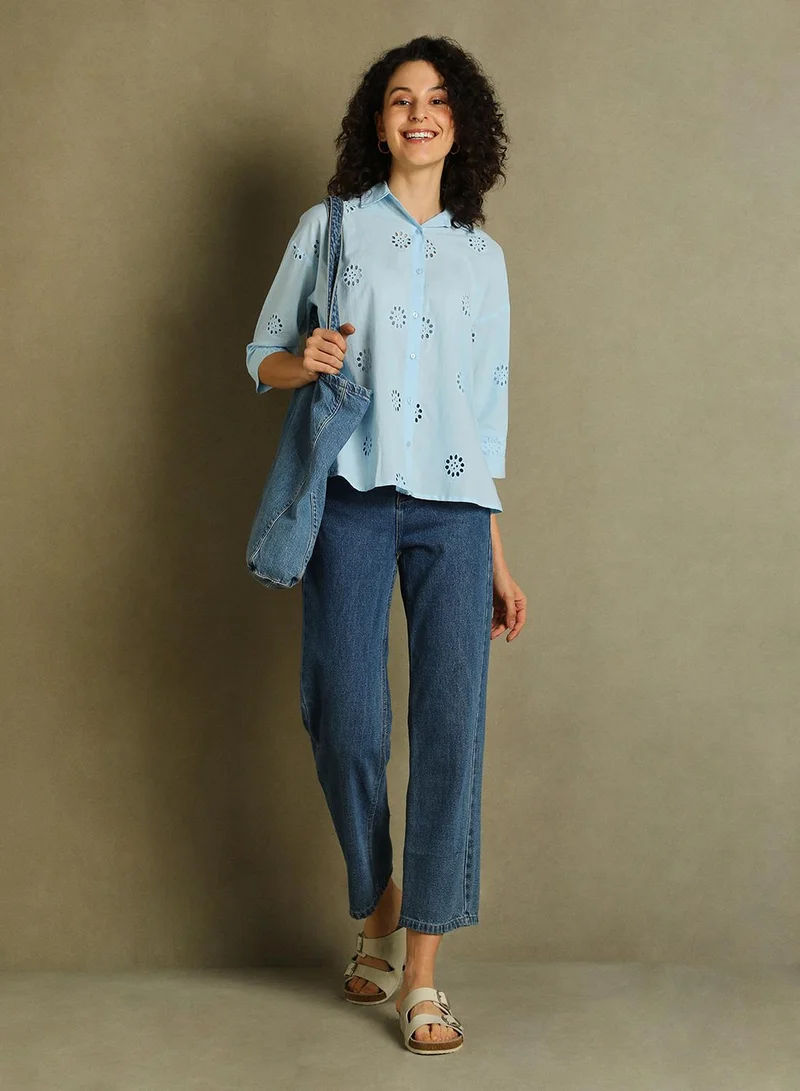 Dennis Lingo Women's Light Blue 100% Cotton Embellished Relaxed Fit Shirt