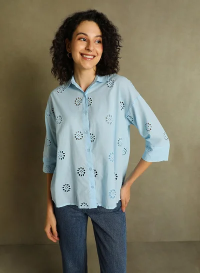 Dennis Lingo Women's Light Blue 100% Cotton Embellished Relaxed Fit Shirt