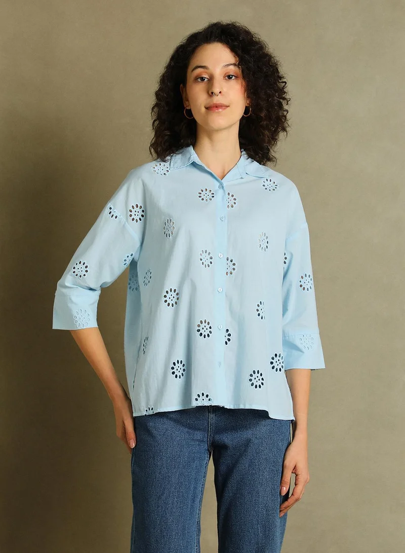 Dennis Lingo Women's Light Blue 100% Cotton Embellished Relaxed Fit Shirt