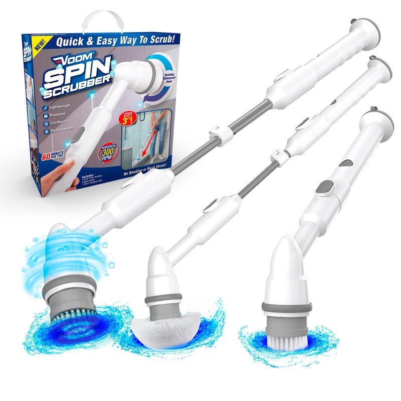 Voom Electric Spin Scrubber Cordless Shower Spinning Brush with 2 Replaceable Brush Heads Adjustable Handle Rechargeable Spinning Brush for Cleaning Bathroom Tub Floor Wall Tiles Car Wheels