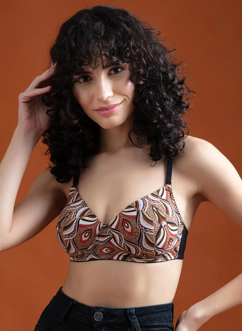 Clovia Clovia Padded Non-Wired Full Cup Printed Multiway T-shirt Bra in Beige