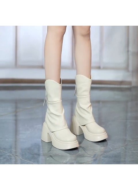 2024 Trendy Thick Heel Ankle Boots Women Off-white