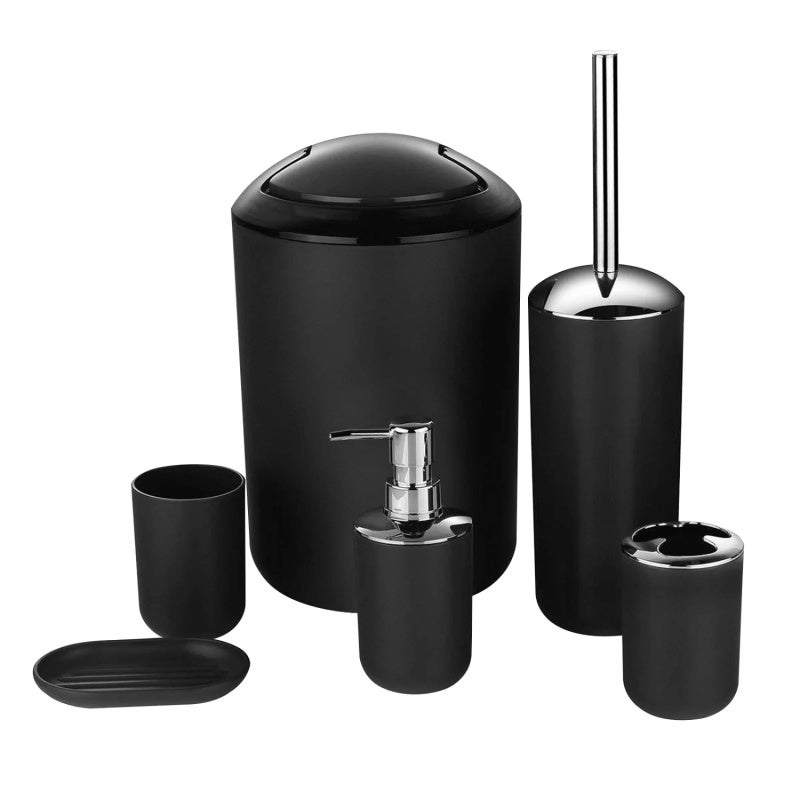 Bathroom Organizer Set: 6-Piece Black Eco-Friendly PP Plastic Set - Modern Stylish Design Complete Bathroom Accessory Set for Home, Hotel, Housewarming & Wedding Gift Use - Image 1