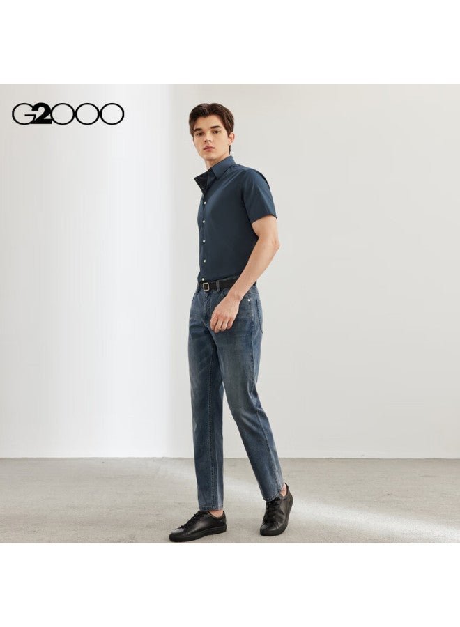 G2000 Men's Cotton Blend Plain Weave Texture Skin-friendly Comfort Short Sleeve Shirt Navy Blue M/05 - Image 4
