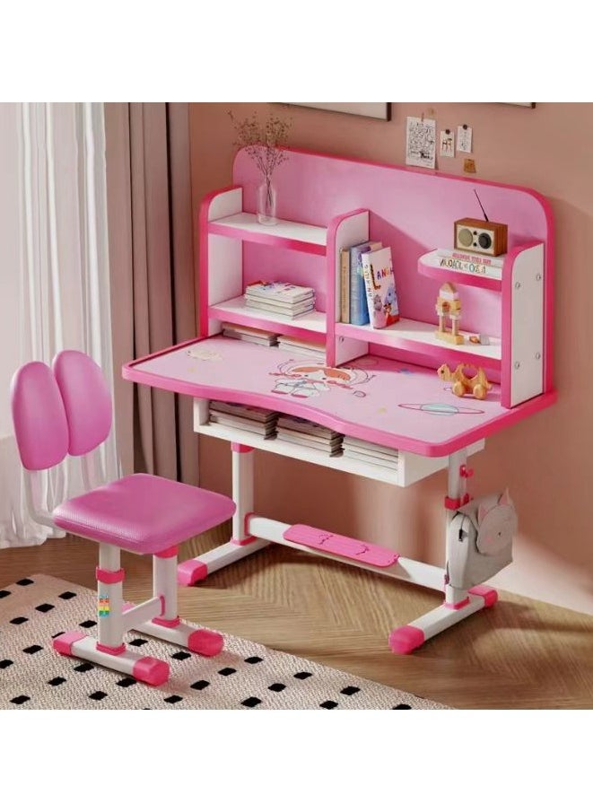 CityRiya-Long Home Kids Desk and Chair Set, Kids Study Desk with Chair, Children Study Desk Chair Set, Wooden Children School Study Desk Table and Chair Set, Student's Computer Learning Table Desk Chair for Girl Boy, Pink  - Image 1