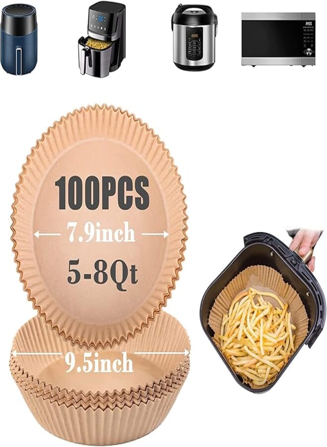 Air Fryer Disposable Paper Liner 100 Pcs, Round Natural Food Grade Baking Parchment, Air Fryer Parchment Liners, Non-Stick, Oil-Proof (7.9 IN) By Julia Store