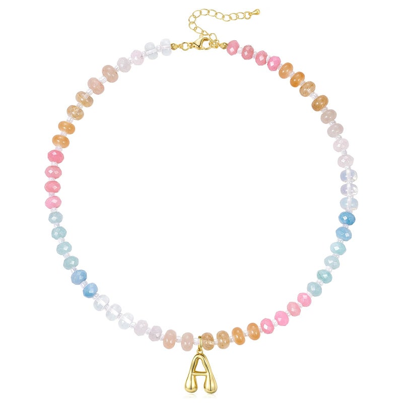 KissYan Initial Necklaces for Women, Colorful Beaded Gemstone Choker 14K Gold Bubble Letter Pendant Necklace Natural Stone Summer Beach Handmade Jewelry Gift (Aura A) - Image 1
