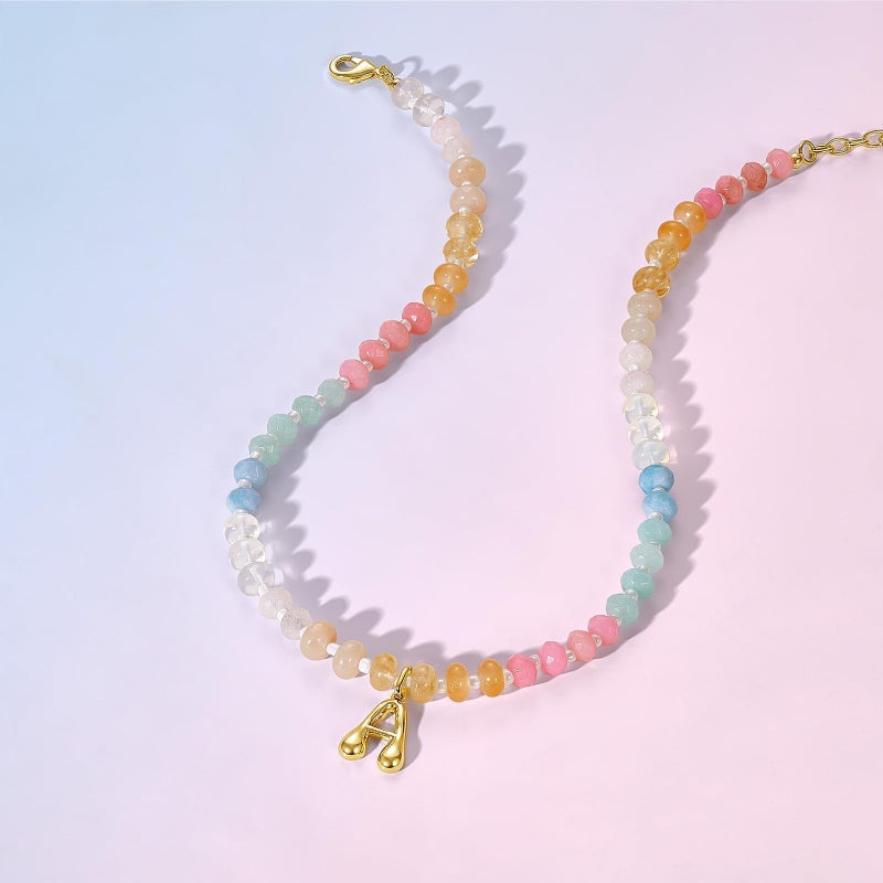 KissYan Initial Necklaces for Women, Colorful Beaded Gemstone Choker 14K Gold Bubble Letter Pendant Necklace Natural Stone Summer Beach Handmade Jewelry Gift (Aura A) - Image 5