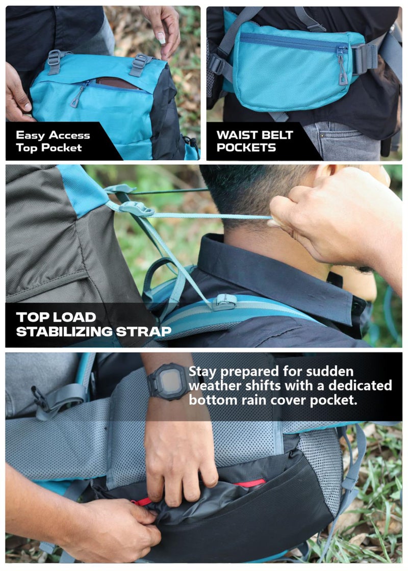 TRAWOC Peakpro 75 Liter Travel Blue Backpack For Hiking Trekking Bag Camping Rucksack With Laptop Compartment/Rain Cover/Shoe Compartment Bhk002, 3 Year Warranty, Shamrock - Image 5