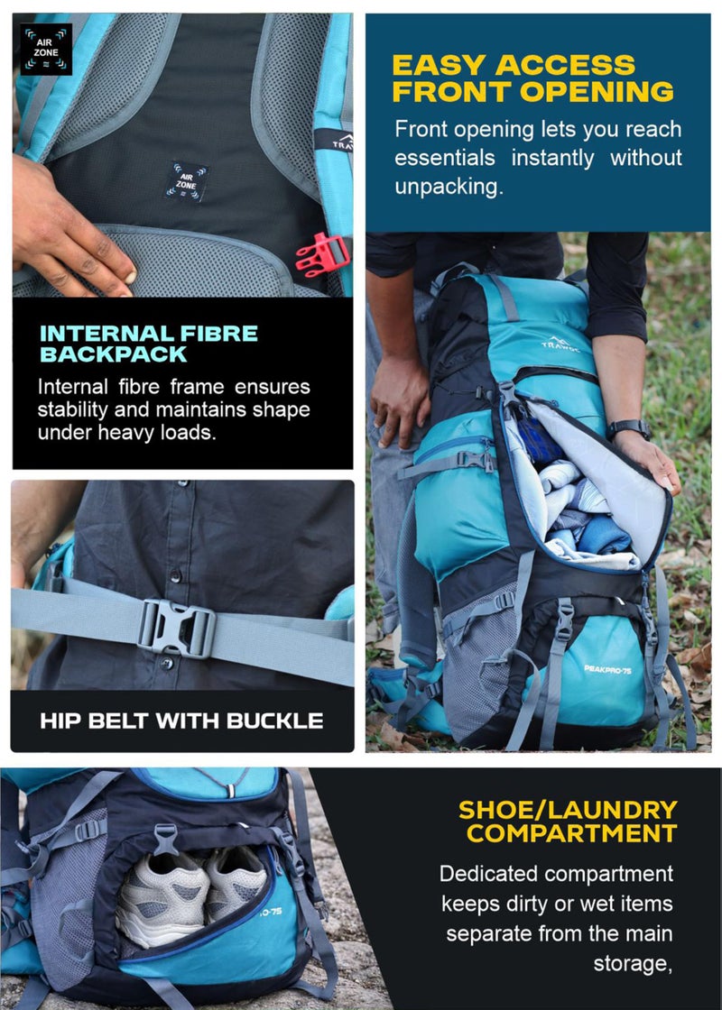TRAWOC Peakpro 75 Liter Travel Blue Backpack For Hiking Trekking Bag Camping Rucksack With Laptop Compartment/Rain Cover/Shoe Compartment Bhk002, 3 Year Warranty, Shamrock - Image 3