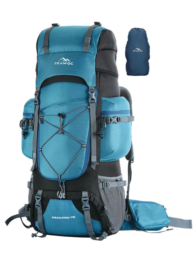 TRAWOC Peakpro 75 Liter Travel Blue Backpack For Hiking Trekking Bag Camping Rucksack With Laptop Compartment/Rain Cover/Shoe Compartment Bhk002, 3 Year Warranty, Shamrock - Image 1