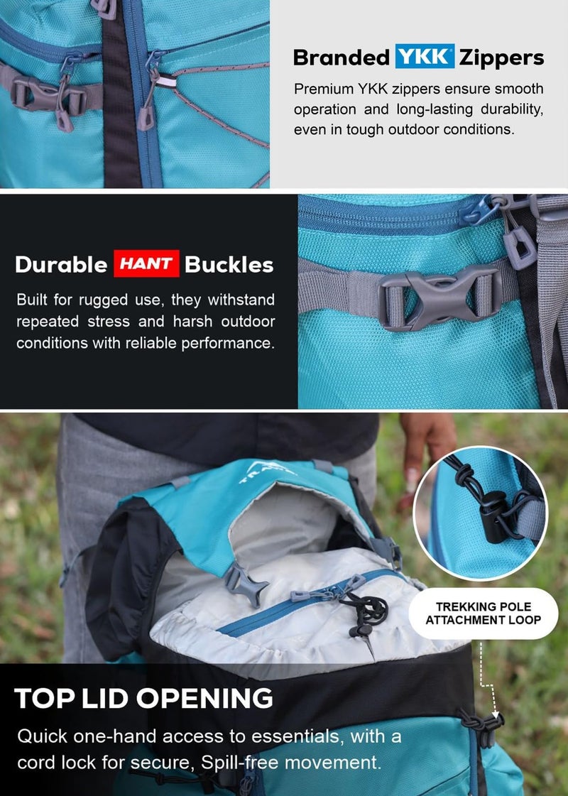 TRAWOC Peakpro 75 Liter Travel Blue Backpack For Hiking Trekking Bag Camping Rucksack With Laptop Compartment/Rain Cover/Shoe Compartment Bhk002, 3 Year Warranty, Shamrock - Image 2