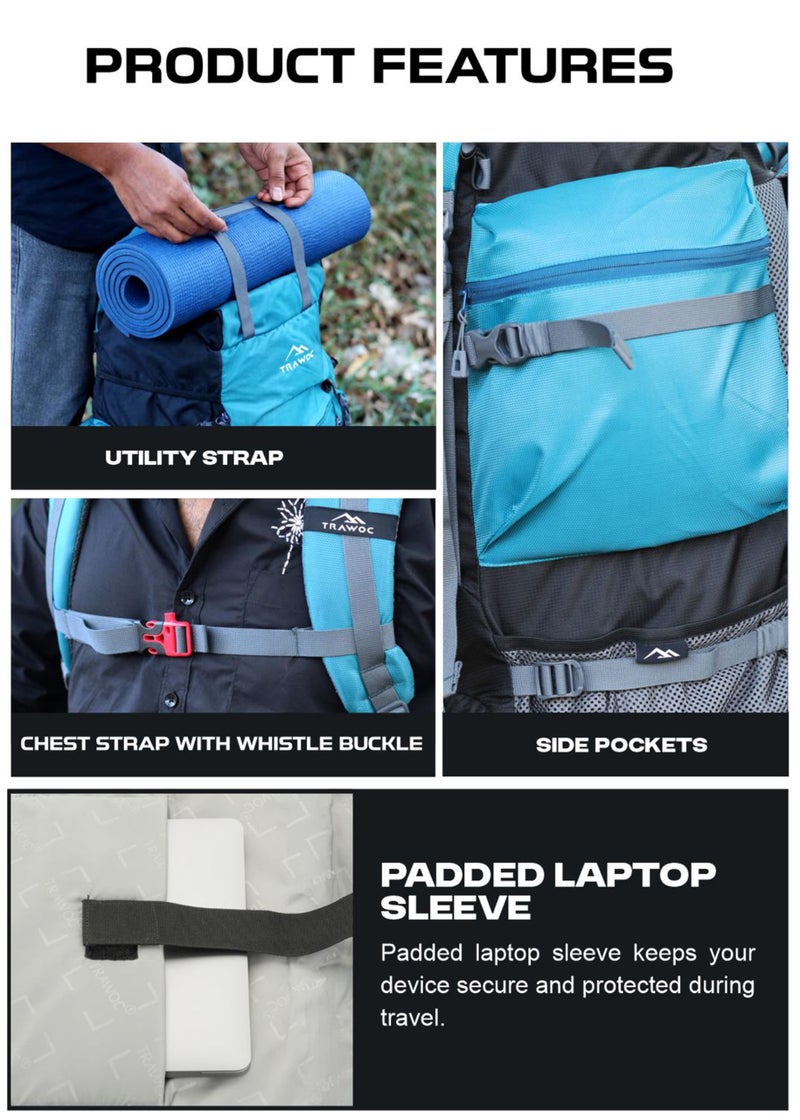 TRAWOC Peakpro 75 Liter Travel Blue Backpack For Hiking Trekking Bag Camping Rucksack With Laptop Compartment/Rain Cover/Shoe Compartment Bhk002, 3 Year Warranty, Shamrock - Image 4