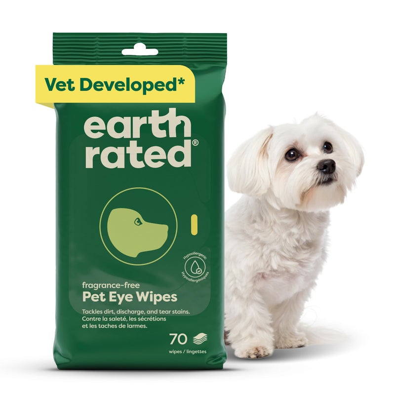 Earth Rated Vet-Developed Pet Eye Wipes, Hypoallergenic Cleaner for Dogs & Cats Eyes to Remove Dirt & Discharge, Fragrance Free, 70 Count - Image 1
