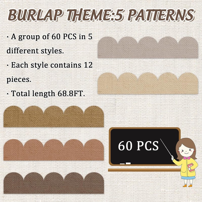 AnyDesign 69Ft Neutral Burlap Style Bulletin Board Borders Boho Color Paper Decor Borders Colorful Scalloped Trim Border Bulletin Board Stickers for School Classroom Office Chalkboard Whiteboard Decor - Image 3