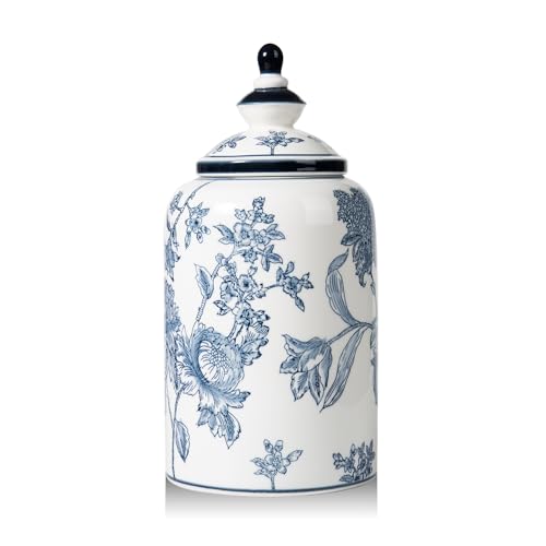 Magclay Blue and White Ginger Jar for Home Decor, Chinoiserie Vase Decor, Ceramic Decorative Jars with Lid, 12x6 Inch, Flowers and Branches - Image 1