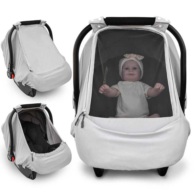 beatoutou Baby Car Seat CoverSunproof Car Seat Canopy for Babies Extra Large Mesh Window Baby Car Seat Sun Shade CoverInfant Carseat Covers for SummerAutumn UseGray - Image 2