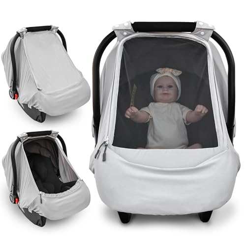 beatoutou Baby Car Seat CoverSunproof Car Seat Canopy for Babies Extra Large Mesh Window Baby Car Seat Sun Shade CoverInfant Carseat Covers for SummerAutumn UseGray - Image 1