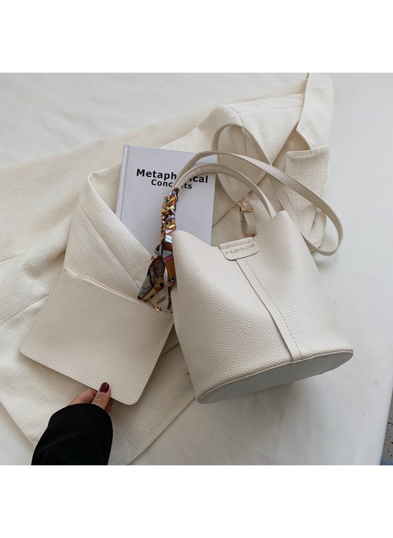 Generic Fashionable Womens Handbag 2022 Korean Style High-end Feel Silk Scarf Design Niche Stylish Shoulder Bucket Bag Beige White 