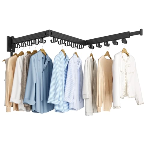 Kelisiting Clothes Drying Rack, Wall Mounted Laundry Drying Rack, Upgrade 3-Fold Foldable Collapsible Retractable Clothing Drying Rack with 12 Dual Hooks Organization for Laundry Room Indoor- Black - Image 1