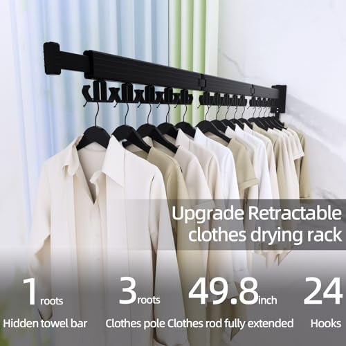 Kelisiting Clothes Drying Rack, Wall Mounted Laundry Drying Rack, Upgrade 3-Fold Foldable Collapsible Retractable Clothing Drying Rack with 12 Dual Hooks Organization for Laundry Room Indoor- Black - Image 2