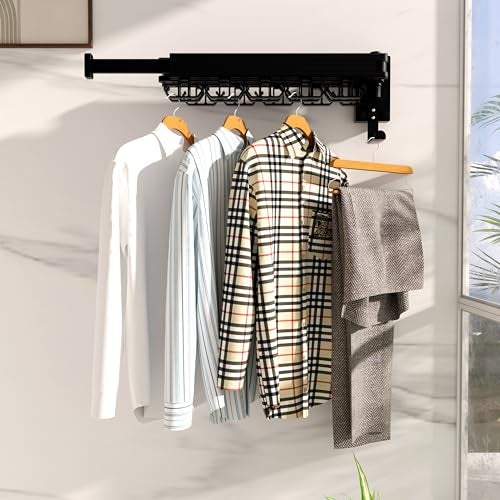 Kelisiting Clothes Drying Rack, Wall Mounted Laundry Drying Rack, Upgrade 3-Fold Foldable Collapsible Retractable Clothing Drying Rack with 12 Dual Hooks Organization for Laundry Room Indoor- Black - Image 3