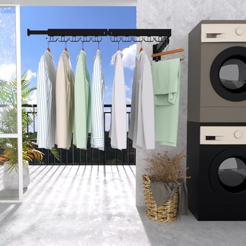 Kelisiting Clothes Drying Rack, Wall Mounted Laundry Drying Rack, Upgrade 3-Fold Foldable Collapsible Retractable Clothing Drying Rack with 12 Dual Hooks Organization for Laundry Room Indoor- Black - Image 5