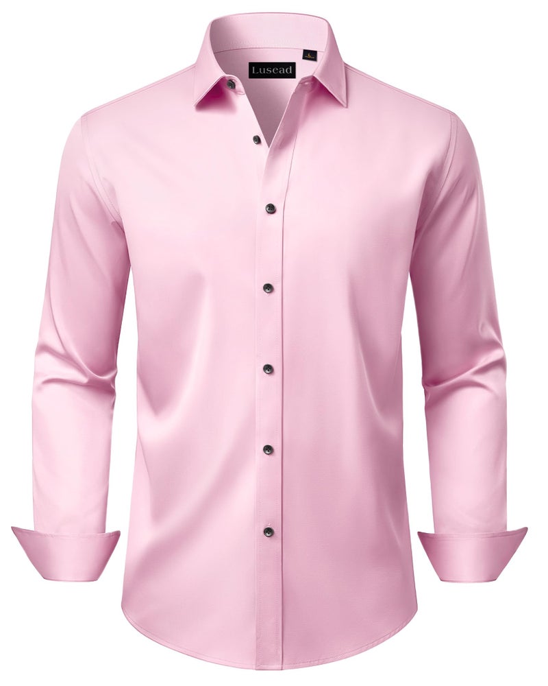 Lusead Mens Pink Dress Shirts Valentines Day Long Sleeve Wrinkle Free Stretch Slim fit Formal Button Up Satin Shirt - Image 1