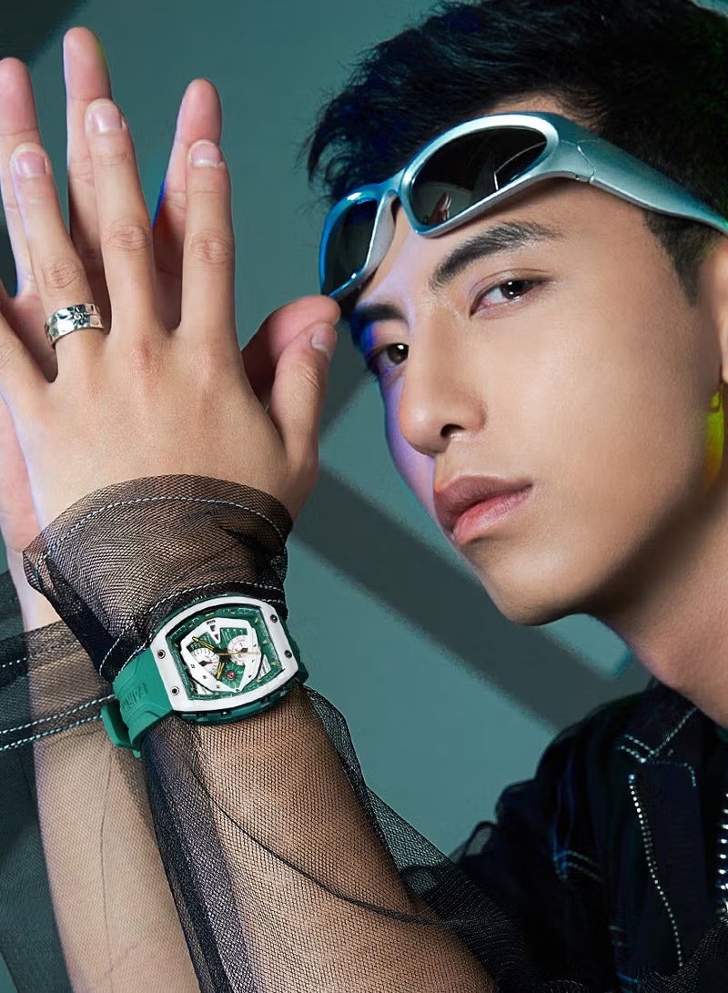 مارك وارفيلد الرجل الجديد ساعات رجالية: ساعات الكوارتز الفاخرة المقاومة للماء من الراتنج بحزام أخضر، ساعات رياضية، ساعات الرجال المقاومة للماء، ساعات الرجال الأوتوماتيكية كرونوغراف - Image 2