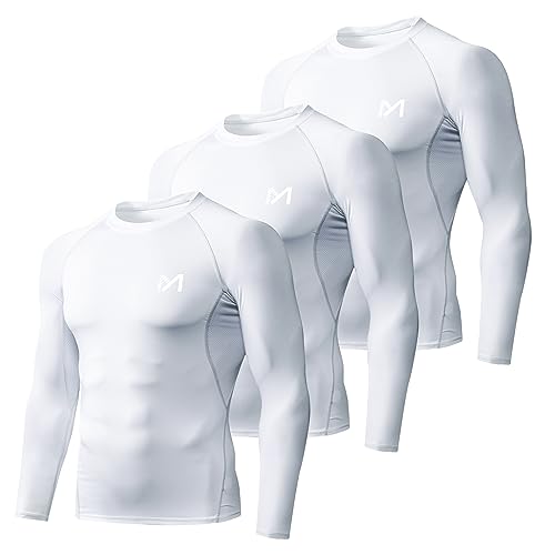 MEETYOO Men's Compression Long Sleeve Athletic Workout Shirt, White+White+White, Medium - Image 1