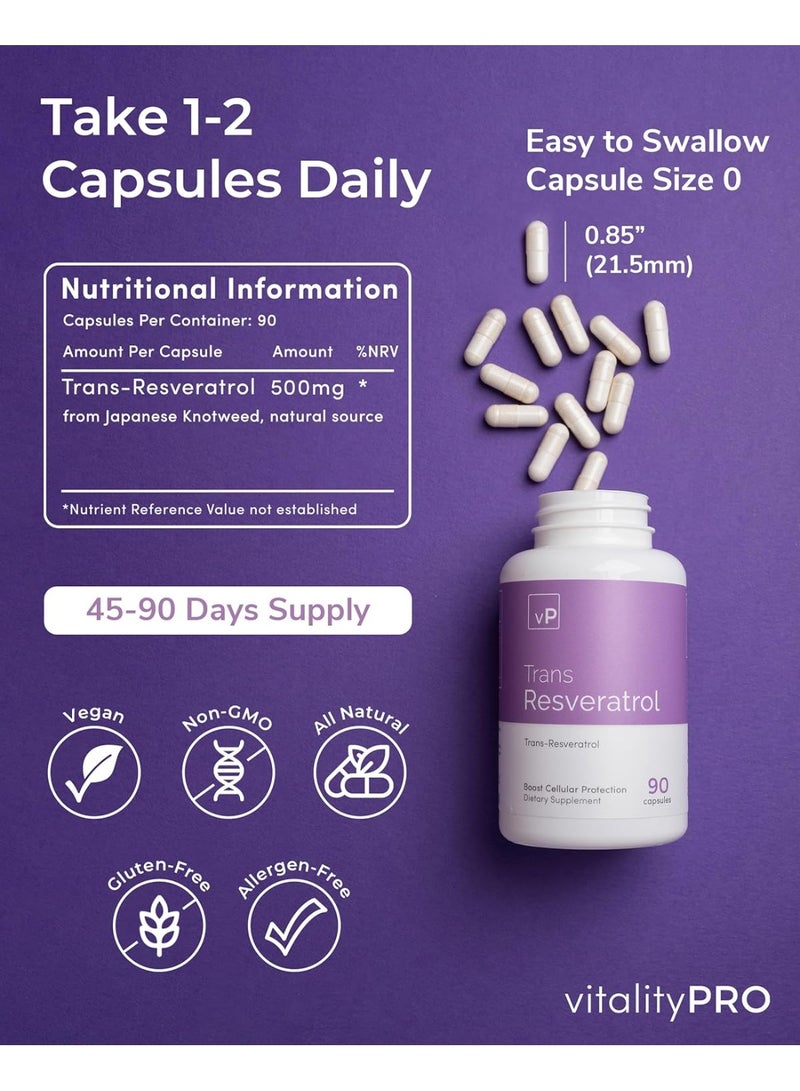 VP Vitality Pro Trans Resveratrol Supplements, 90 Capsules - 500 milligrams Pure Trans Resveratrol Powder for Vitality & Immunity Support - Vegan Dietary Supplements - Image 2