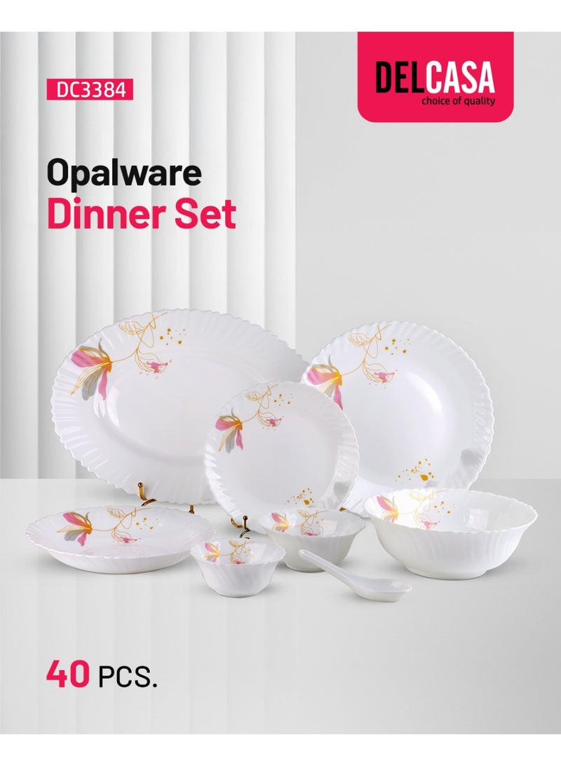 DELCASA طقم عشاء ديلكاسا DC3384 من الأوبال، 40 قطعة، أبيض/وردي - Image 1