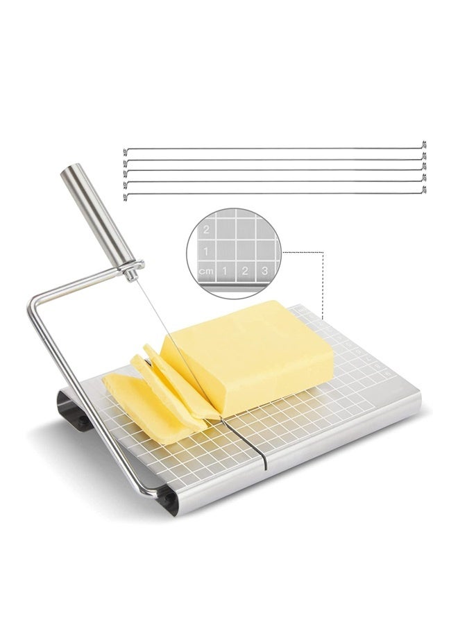 Stainless Steel Cheese Slicer silver, Cheese Slicer,Stainless Steel Cheese Slicers for Block Cheese,Cheese Cutter with Board and Measuring Grids,with 5 Extra Replacement Wires  - Image 1