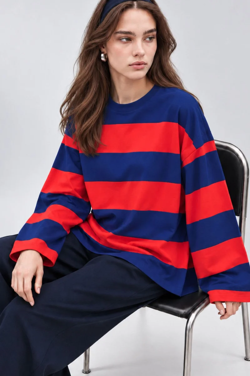 Bipantolon BIPANTOLON Women's Oversized Striped Crew Neck Sweatshirt