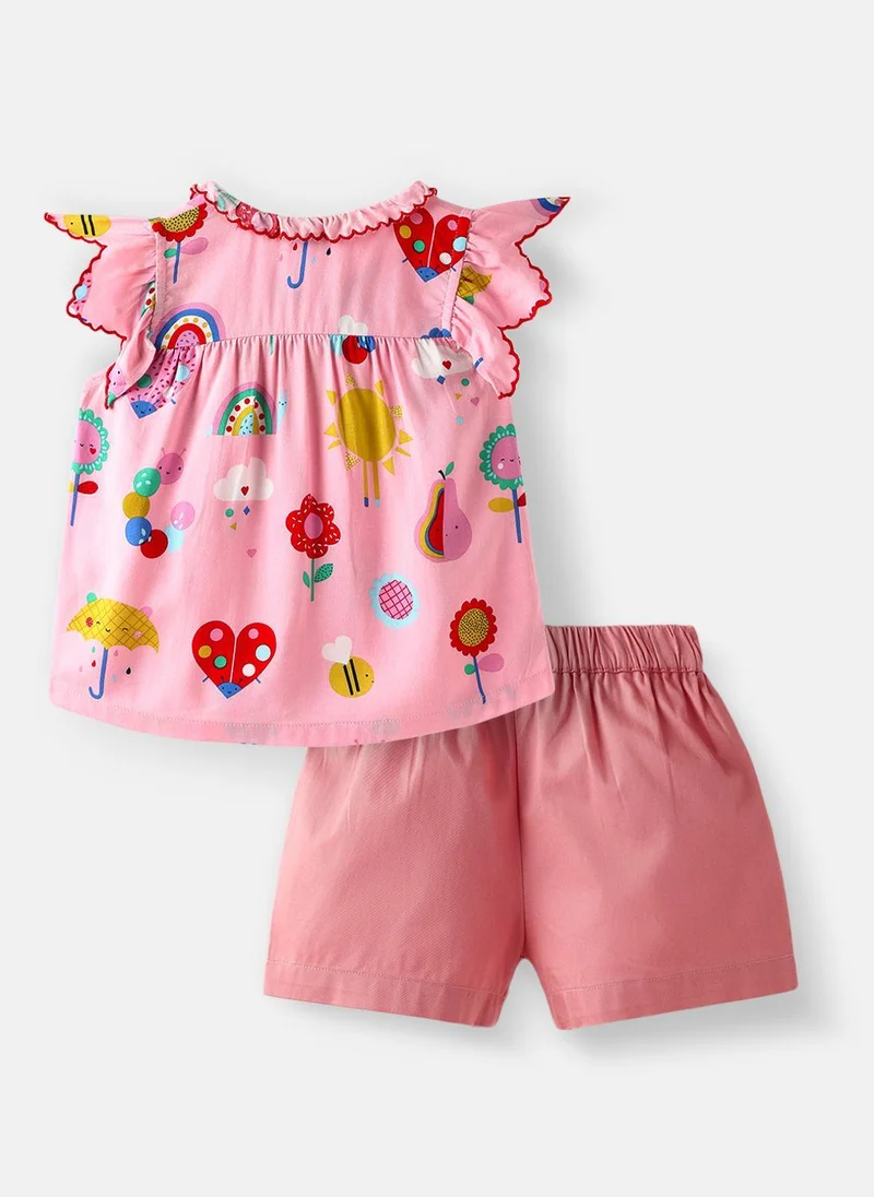 نوتيناتي بلوزة بناتي بطبعات وأكمام مكشكشة مع شورت سادة