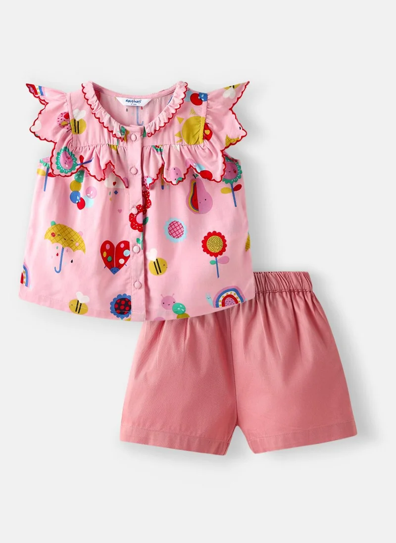 نوتيناتي بلوزة بناتي بطبعات وأكمام مكشكشة مع شورت سادة