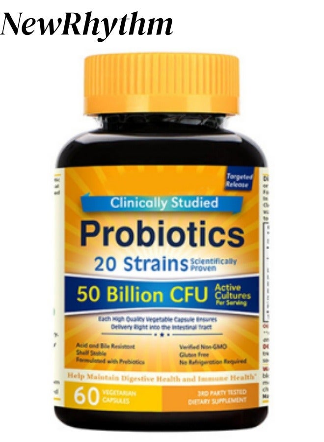 NewRhythm Probiotics 50 Billion CFU 20 Strains, Gluten-Free (60 Veggie Capsules) - Image 1