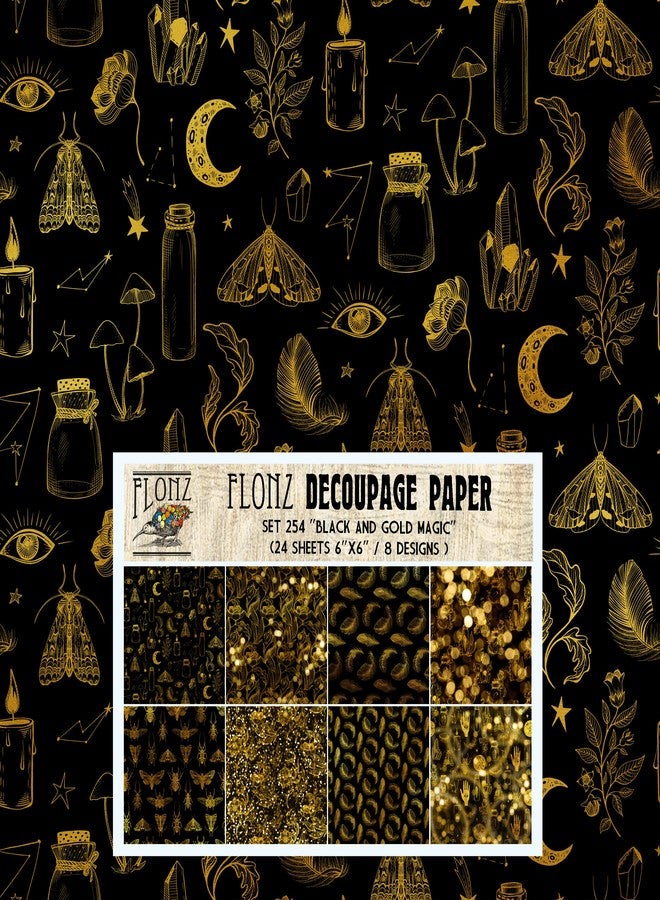 Flonz Decoupage Paper Pack (24 Sheets 6"x6") Black and Gold Magic # Vintage Styled Pattern Paper for Decoupage, Craft and Scrapbooking