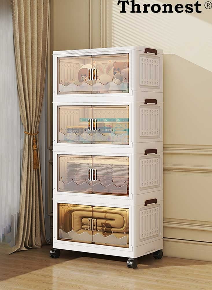 عرش خزانة تخزين بلاستيكية قابلة للطي بعرض 42 سم و 4 طبقات مع أغطية وأبواب مغناطيسية وعجلات متحركة، صناديق تخزين قابلة للطي بسعة 21 لتر، منظمات تخزين قابلة للتكديس للمنزل والخزانة والمكتب والمطبخ - Image 1