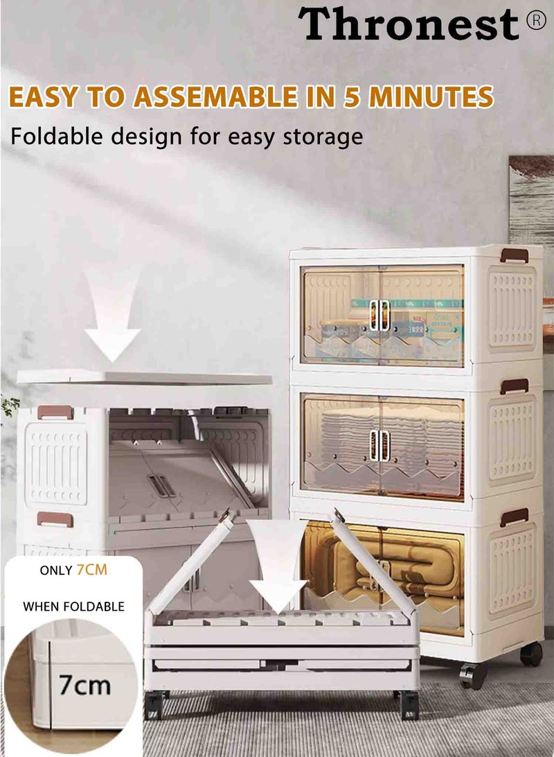 عرش خزانة تخزين بلاستيكية قابلة للطي بعرض 42 سم و 4 طبقات مع أغطية وأبواب مغناطيسية وعجلات متحركة، صناديق تخزين قابلة للطي بسعة 21 لتر، منظمات تخزين قابلة للتكديس للمنزل والخزانة والمكتب والمطبخ - Image 2