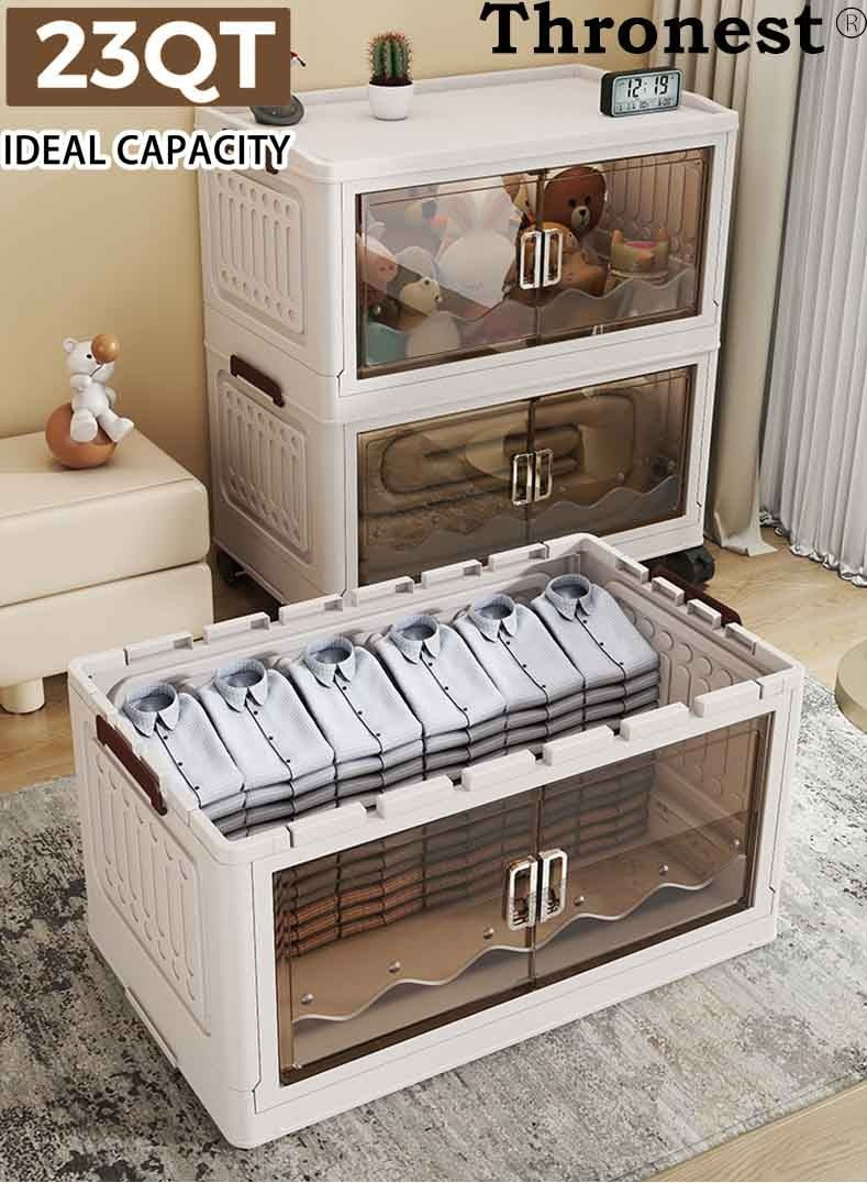 عرش خزانة تخزين بلاستيكية قابلة للطي بعرض 42 سم و 4 طبقات مع أغطية وأبواب مغناطيسية وعجلات متحركة، صناديق تخزين قابلة للطي بسعة 21 لتر، منظمات تخزين قابلة للتكديس للمنزل والخزانة والمكتب والمطبخ - Image 4