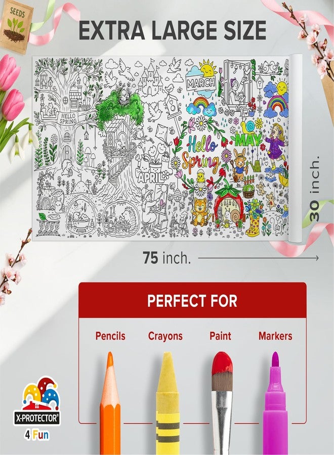 X-Protector Hello Spring! Giant Coloring Poster 75x30 in - Large Coloring Table Cloth for Kids - Jumbo Paper Tablecloth Poster Sheet - Fun Hello Spring! Activities for Kids & Adults! - Image 2