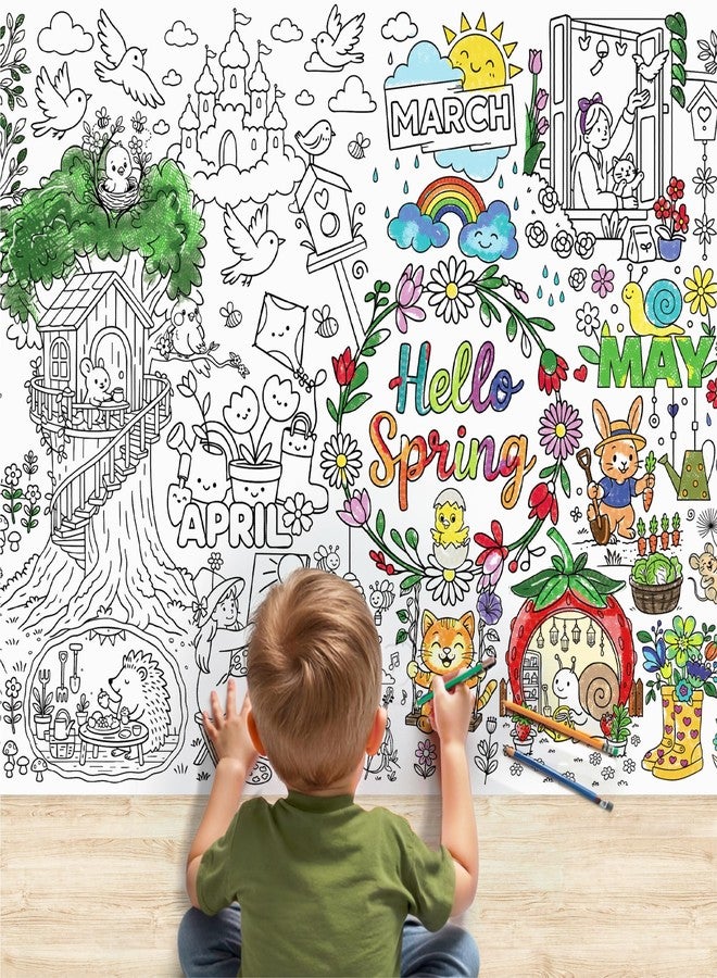 X-Protector Hello Spring! Giant Coloring Poster 75x30 in - Large Coloring Table Cloth for Kids - Jumbo Paper Tablecloth Poster Sheet - Fun Hello Spring! Activities for Kids & Adults! - Image 1