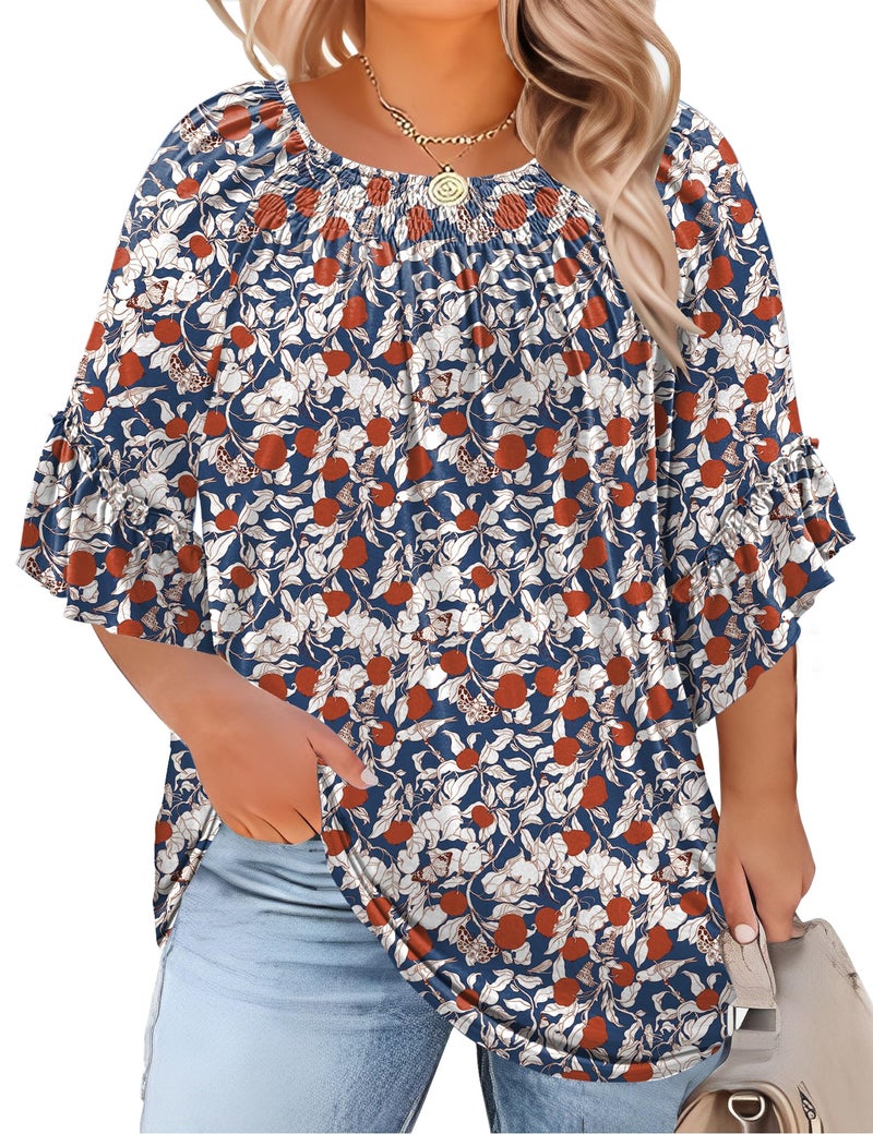 Micoson Plus Size Spring Clothes for Women Womens Tunic Tops Peasant Blouses 3/4 Sleeve Boho Shirts Crew Neck Loose T Shirt - Image 1