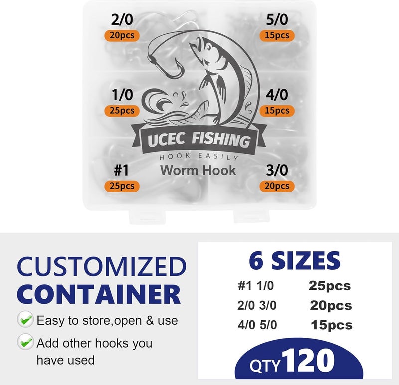 UCEC Fishing Hooks, 140PCS/ 100PCS/ 60PCS EWG Offset Worm Hooks Bass Hooks Wide Gap 2X Strong Senko Bait Texas Rig Jig Fish Hooks for Bass Trout Saltwater Freshwater Size:#4#2#1 1/0 2/0 3/0 4/0 5/0 - Image 5
