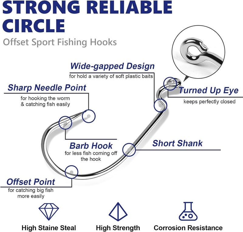 UCEC Fishing Hooks, 140PCS/ 100PCS/ 60PCS EWG Offset Worm Hooks Bass Hooks Wide Gap 2X Strong Senko Bait Texas Rig Jig Fish Hooks for Bass Trout Saltwater Freshwater Size:#4#2#1 1/0 2/0 3/0 4/0 5/0 - Image 2