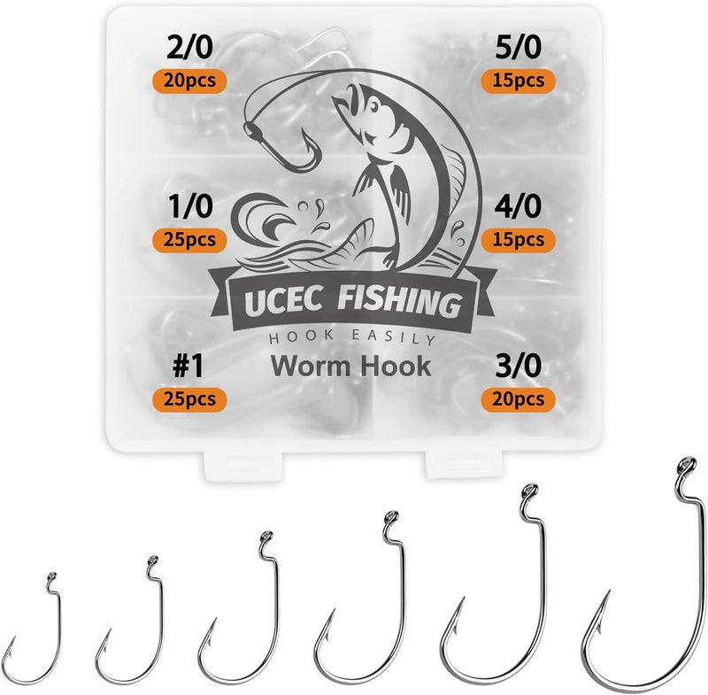 UCEC Fishing Hooks, 140PCS/ 100PCS/ 60PCS EWG Offset Worm Hooks Bass Hooks Wide Gap 2X Strong Senko Bait Texas Rig Jig Fish Hooks for Bass Trout Saltwater Freshwater Size:#4#2#1 1/0 2/0 3/0 4/0 5/0 - Image 1