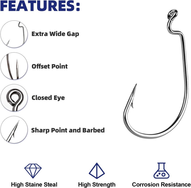 UCEC Fishing Hooks, 140PCS/ 100PCS/ 60PCS EWG Offset Worm Hooks Bass Hooks Wide Gap 2X Strong Senko Bait Texas Rig Jig Fish Hooks for Bass Trout Saltwater Freshwater Size:#4#2#1 1/0 2/0 3/0 4/0 5/0 - Image 3