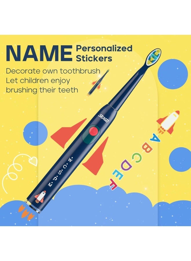 SEAGO Kids Electric Toothbrush, Rechargeable Sonic Soft Bristle Toothbrushes with 8 Brush Heads, DIY Stickers and 5 Modes, Ideal for Kids and Children, Ages 3–12(Navy) - Image 3
