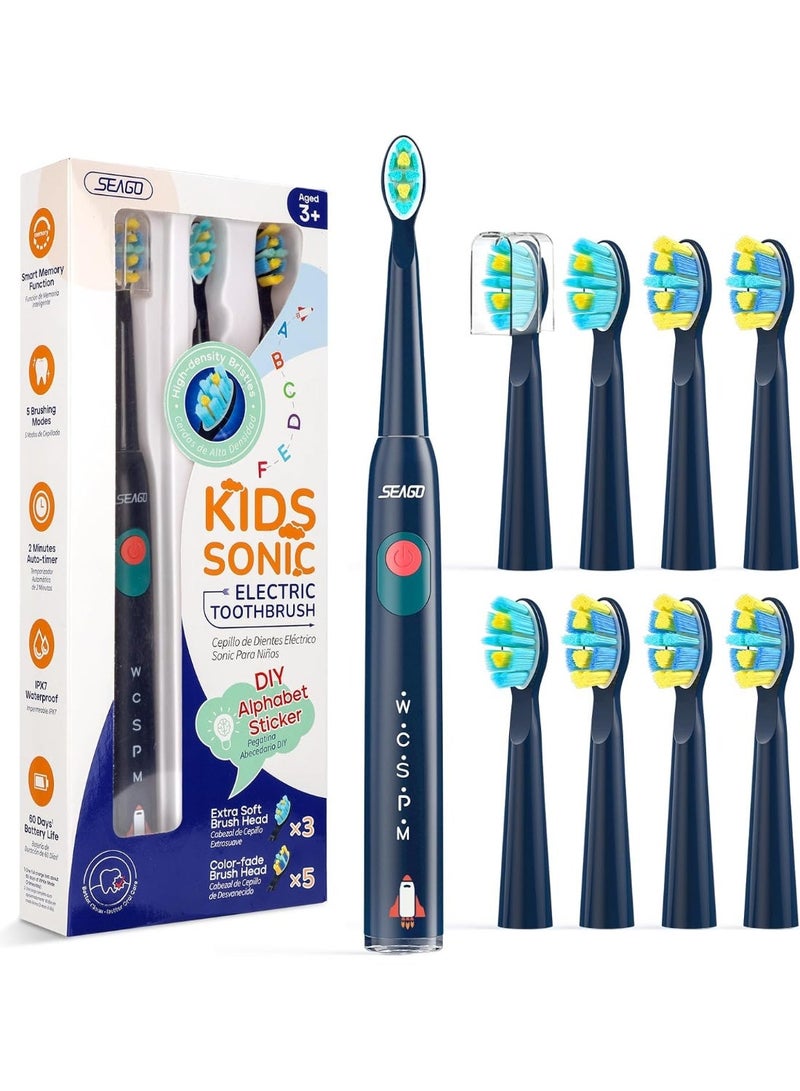 SEAGO Kids Electric Toothbrush, Rechargeable Sonic Soft Bristle Toothbrushes with 8 Brush Heads, DIY Stickers and 5 Modes, Ideal for Kids and Children, Ages 3–12(Navy) - Image 1
